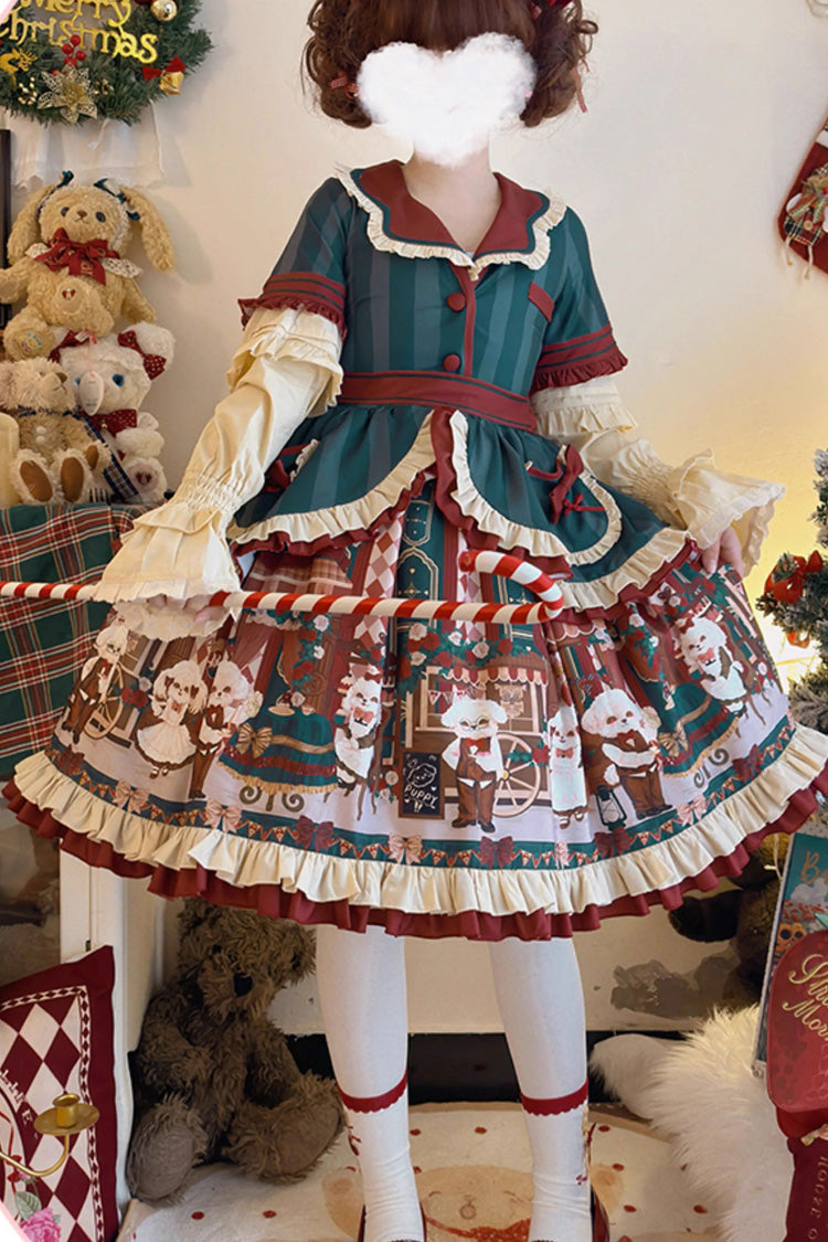 Puppy Cafe Sweet Lolita Dress with Print and Bowknot Details
