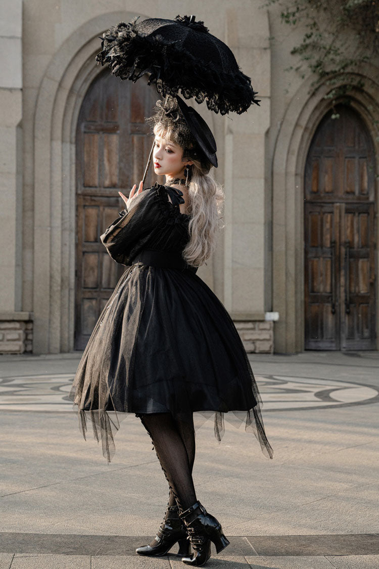 Black Square Collar Gothic Lolita OP Dress Metal Chain Organza Stitching - Altfashion Shop
