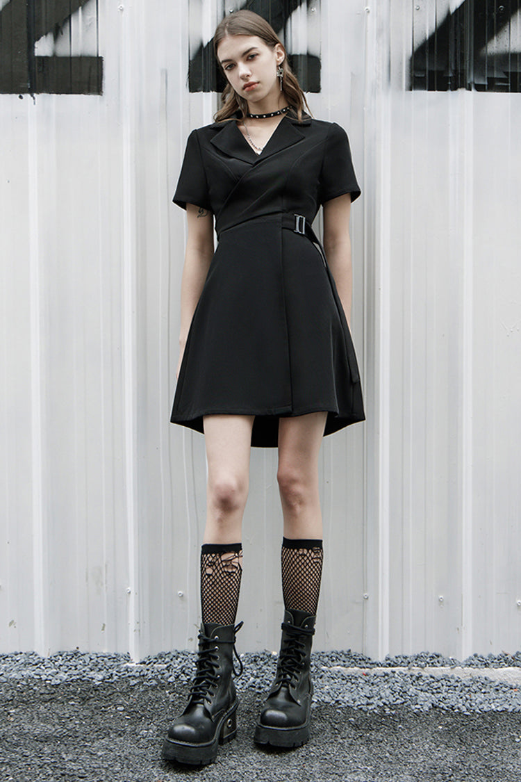 Lapel Metal Buckle Belt Collect Waist A-Shape Hem Punk Dress