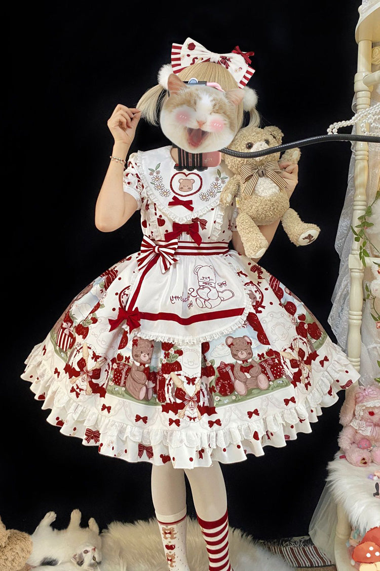 Red White Strawberry Bear Print Ruffle Bow Sweet Plus Lolita Dress