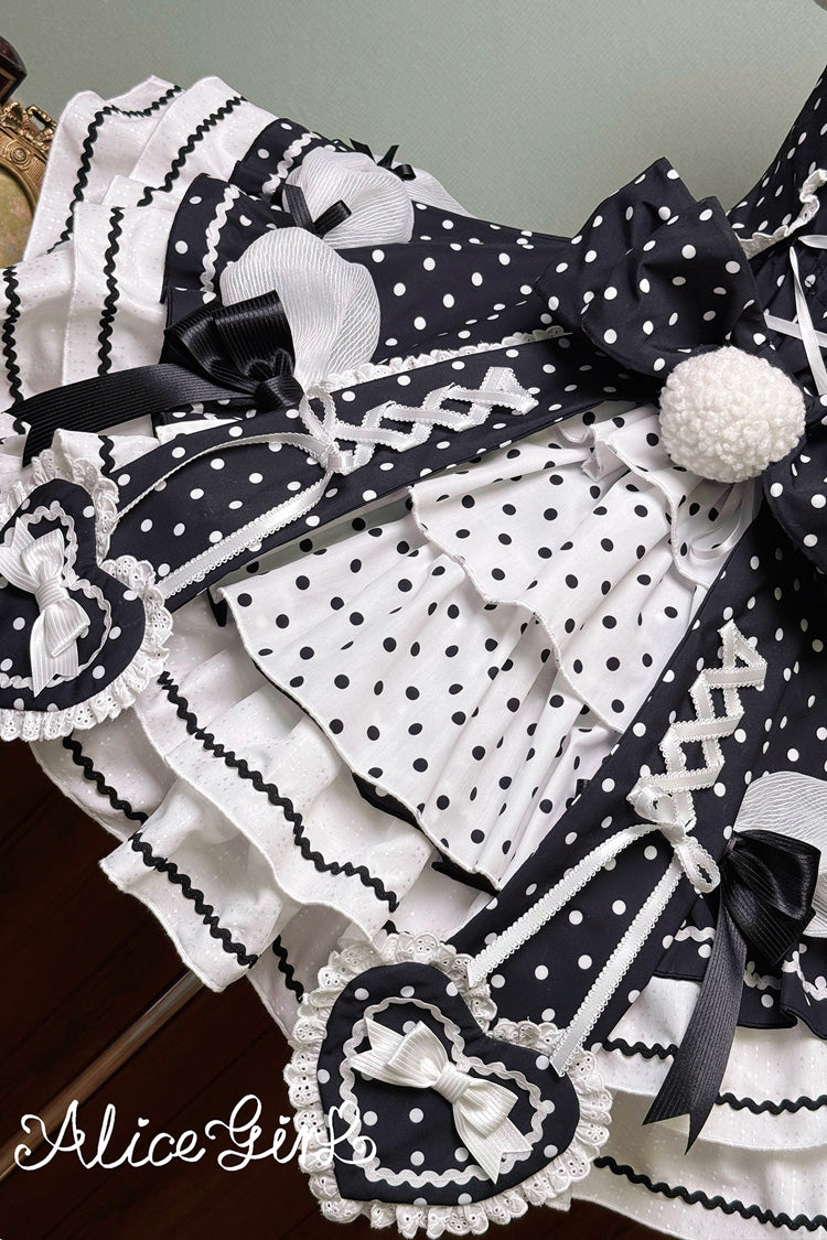 Black/White Halterneck Short Sleeve Triple-Layered Polka Dot Bow Lace-Up Sweet Dress