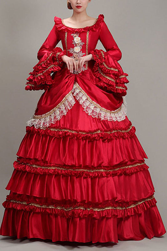 Crimson Victorian Lolita Tiered Prom Dress with Ruffled High Waist