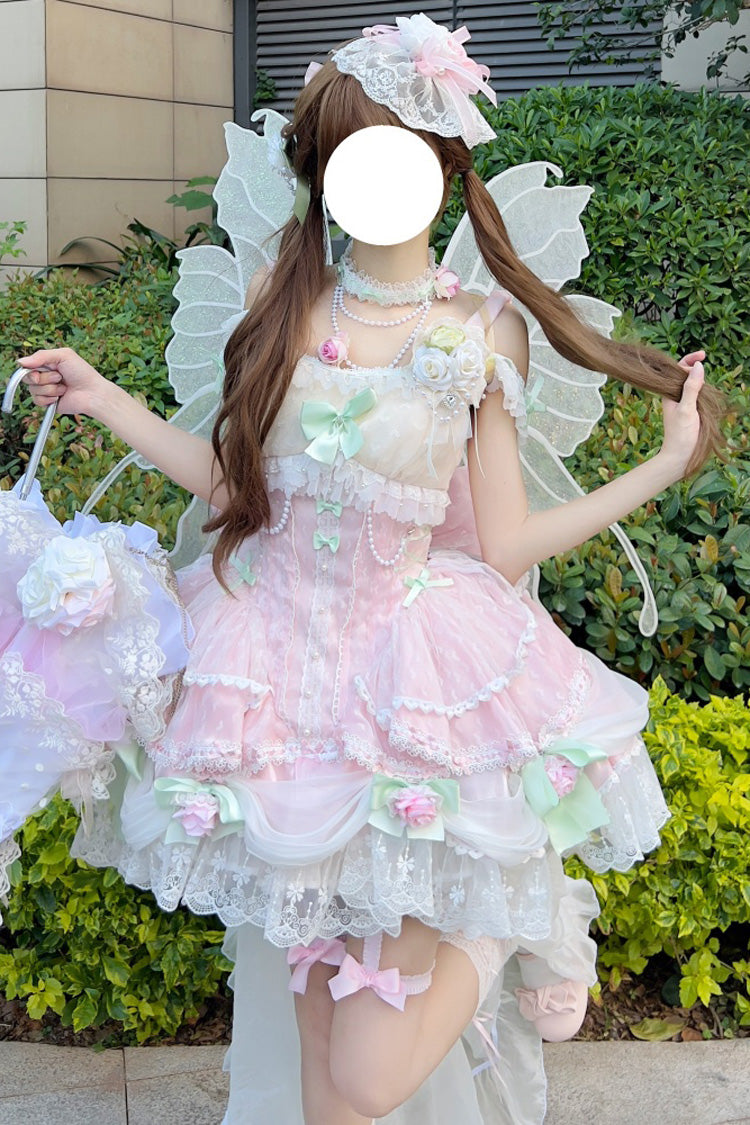 Sleeveless Ruffle Embroidery Bow Lace Pearl Sweet Lolita Jumper Dress - Pink