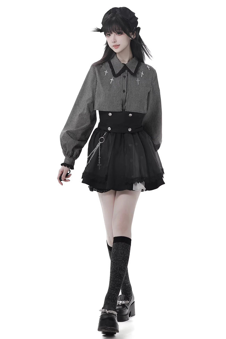 Hymn of the Cross Gothic Ruffled Asymmetric Chain Skirt Set - Black