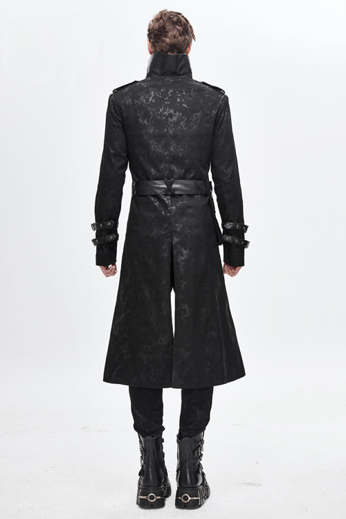 Printed Belted Long Punk Coat with Open Collar