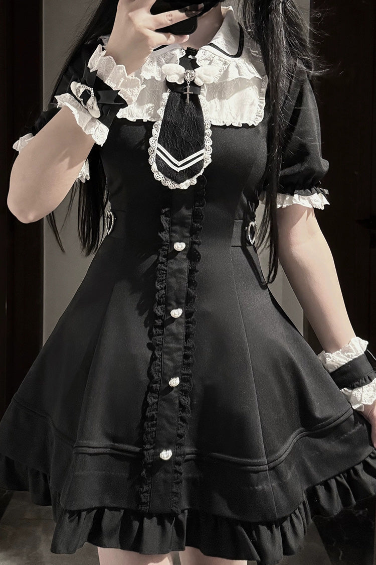Black Angel Creed Ruffled Bow Stitched Lace Gothic College-Style Dress
