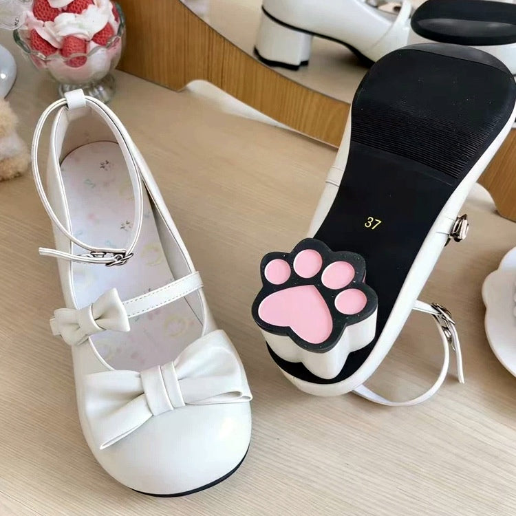 Cat Paw Heel Bow Mary Jane Shoes - Round Toe, 7 Shades