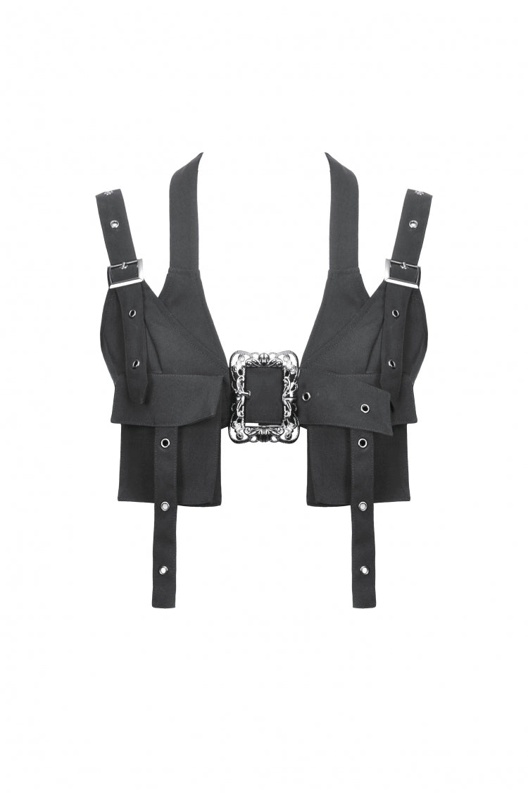 Functional Black Buckled Halter Punk Utility Vest