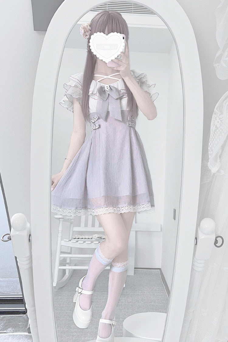 Mauve Ruffled Bow Lace Short-Sleeve Japanese Street Style Dress