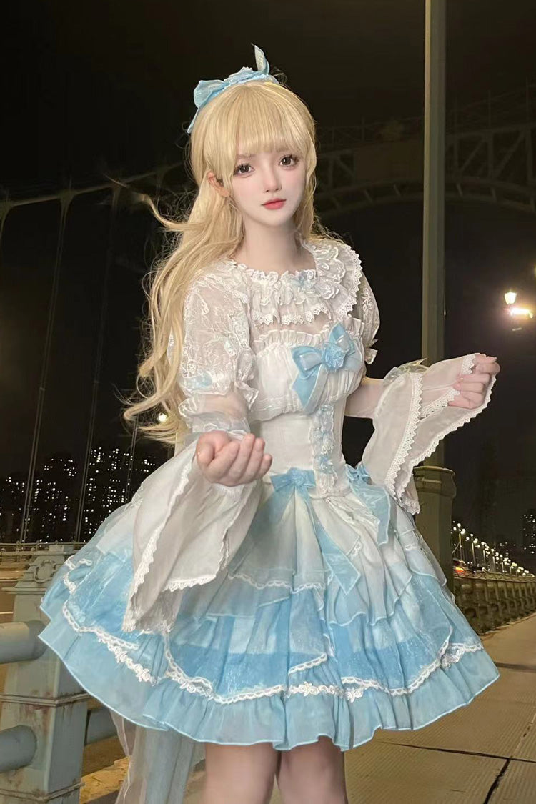 White Blue Gradient Lace Sweet Lolita Jumper Dress with Bow
