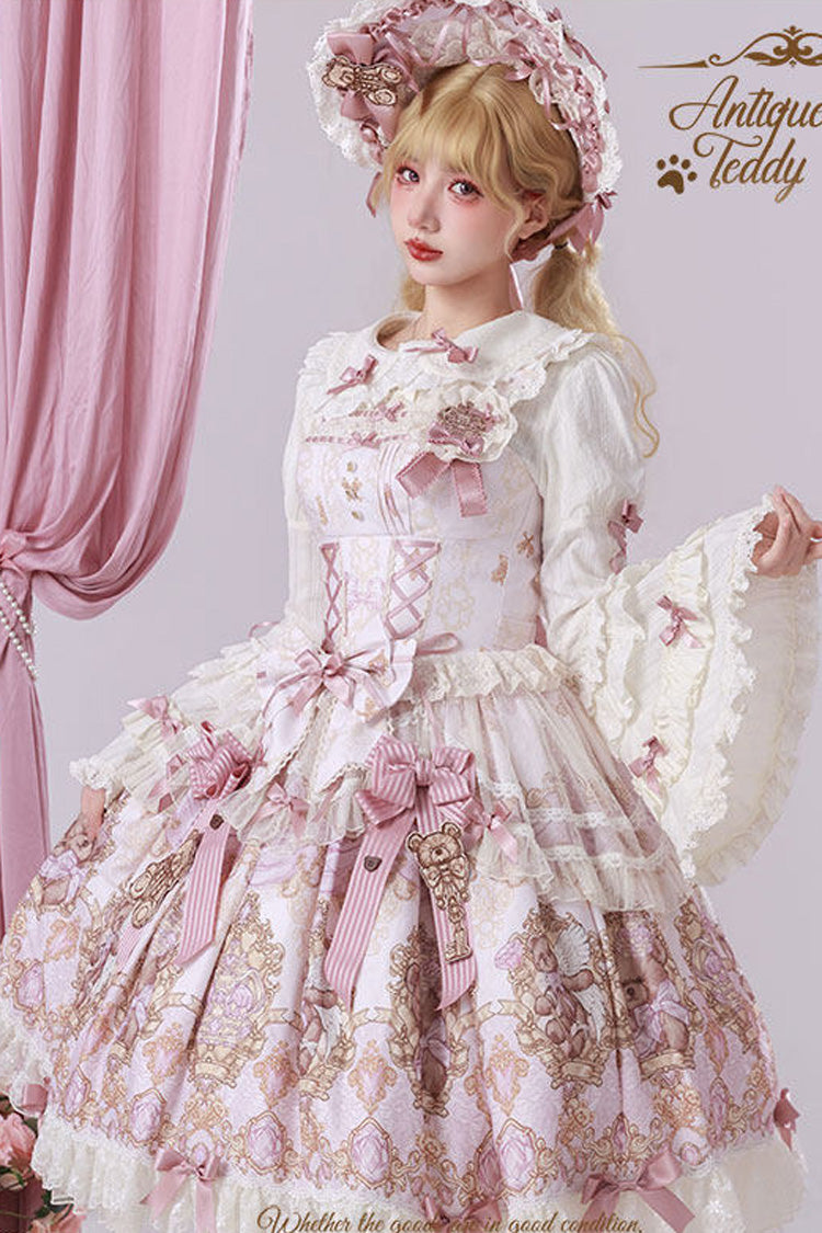 Antique Teddy Bear Sleeveless Printed Bow Lace Sweet Elegant Lolita Jsk Dress - Pink