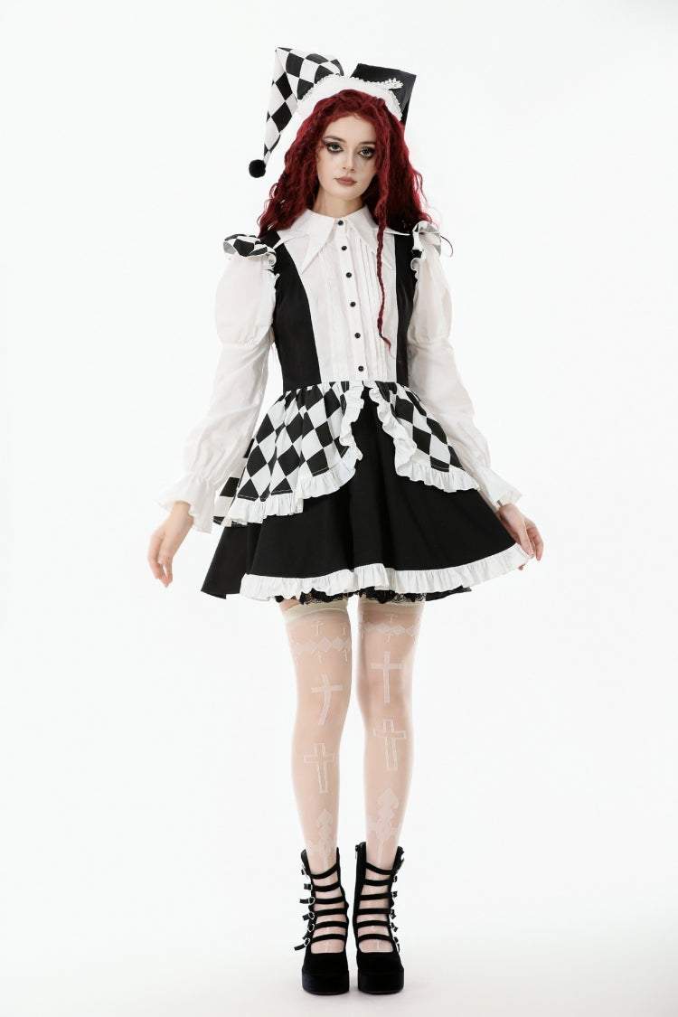Black/White Puff Sleeve Lolita Dress with Point Collar