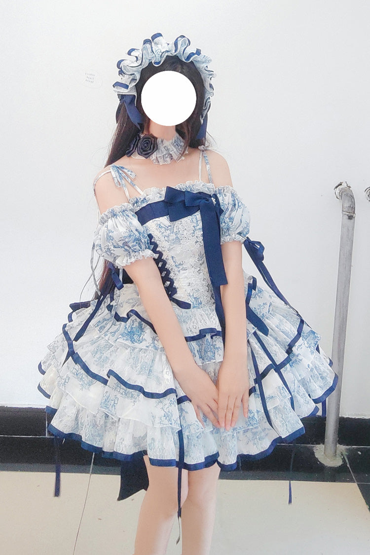 Cerulean and Ivory Sleeveless Multi-Layer Bow Print Chinese Classic Sweet Lolita JSK Short Dress