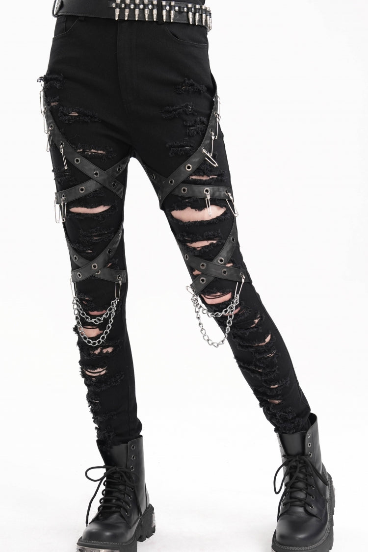 Punk Pants for Women with Ripped Mesh and Chain Detail