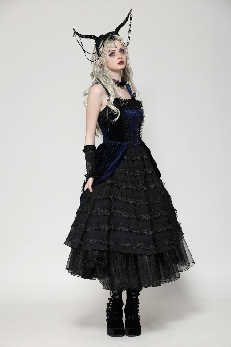Black/Blue Multi-Layered Lace Slip Dress for Women