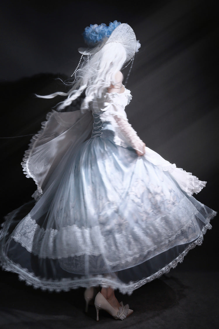 Snow Lily Print Ruffle Hanayome Embroidery Lace-Up Elegant Princess Lolita Skirt Set in Blue