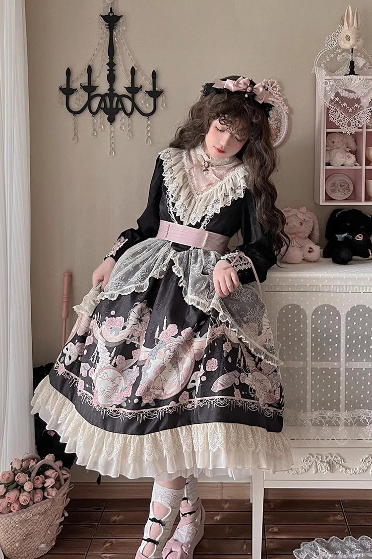 Dark Rose Prologue Print Long-Sleeve Ruffle Sweet Elegant Lolita Dress