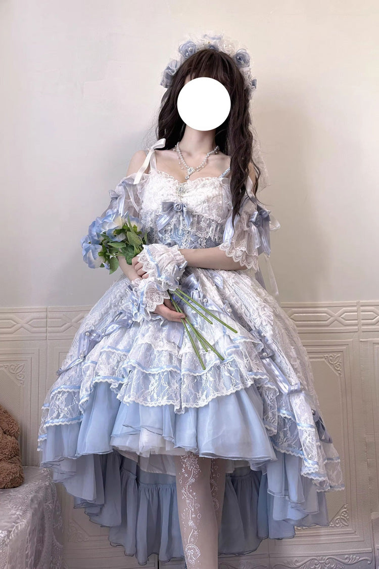 Blue Diane Rose Short Sleeve Jacquard Ruffle Cardigan Bow Lace Sweet Lolita Dress