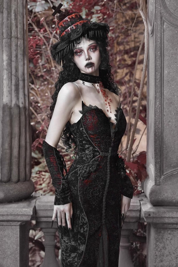 Black/Red High-Waisted Embroidered Lace Sleeveless Ruffle Gothic Fishtail Dress - Scarlet Blood Peak