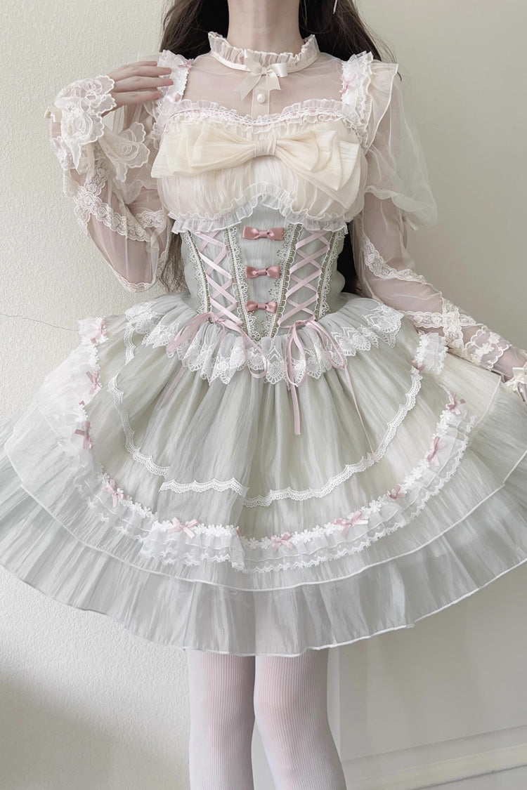 Green Camellia Bow Lace-Up Sweet JSK