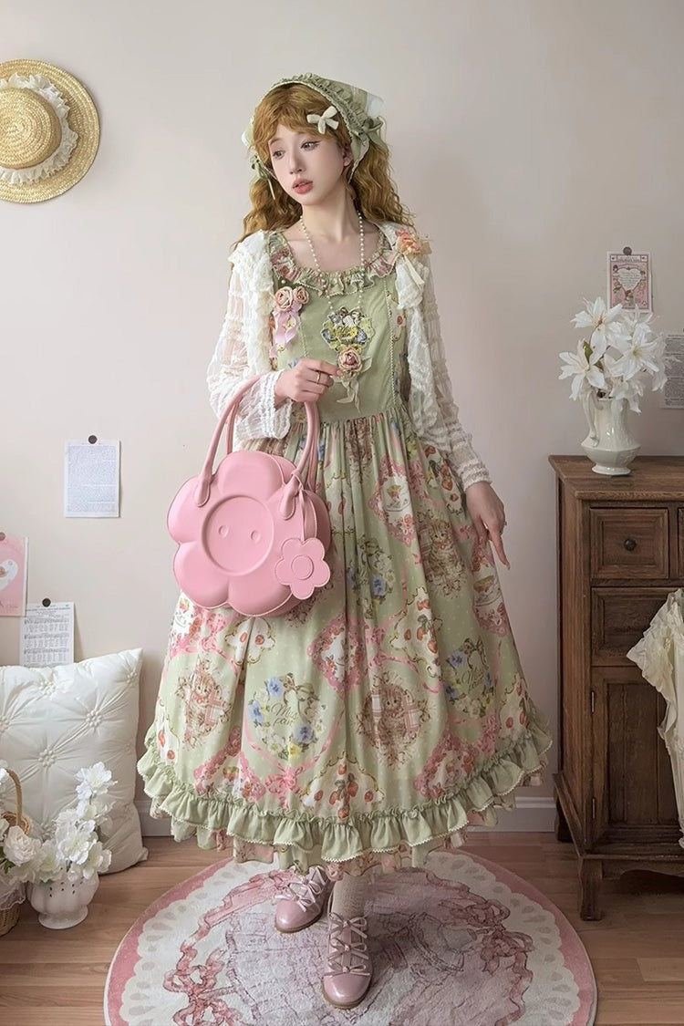 Green Sleeveless Print Ruffle Bowknot Sweet JSK Dress