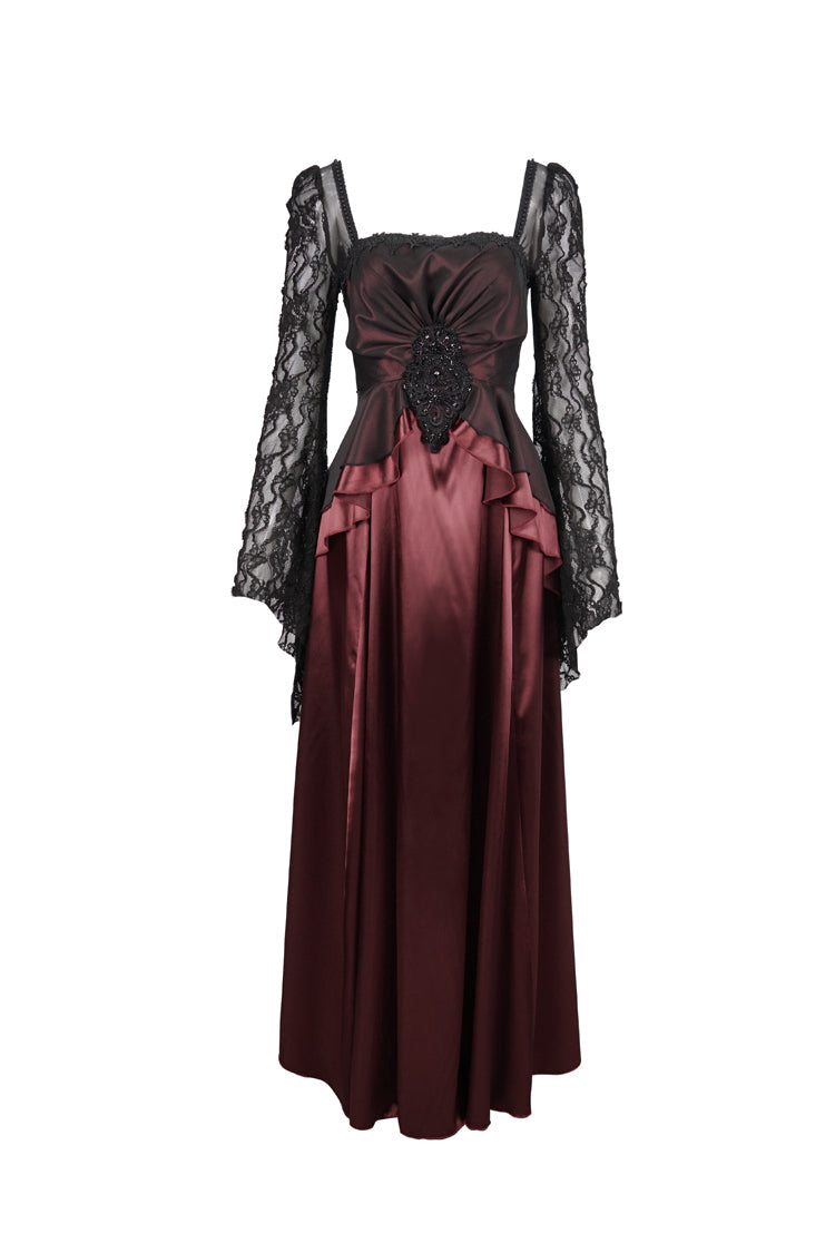Scarlet Satin Floor-Length Gothic Dress with Pointy Sleeves and Back Zip