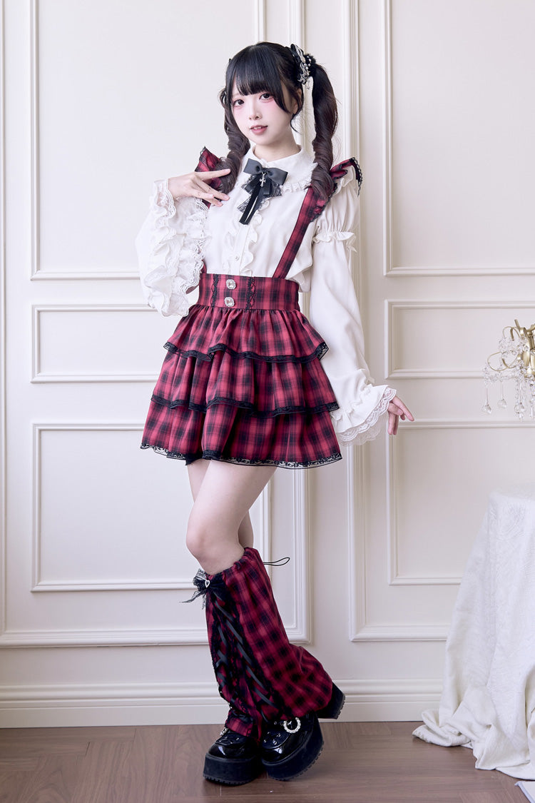 Triple-Layered Plaid Frilly Gothic Jirai Kei Strap Dress - Red