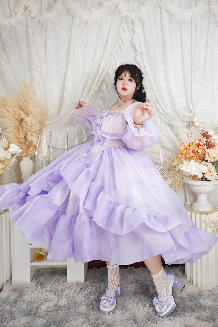 Fall Into The Purple Galaxy Violet Gradient Ruffle Cardigan Bowknot Plus Size Princess Lolita JSK - Fall Into The Purple Galaxy