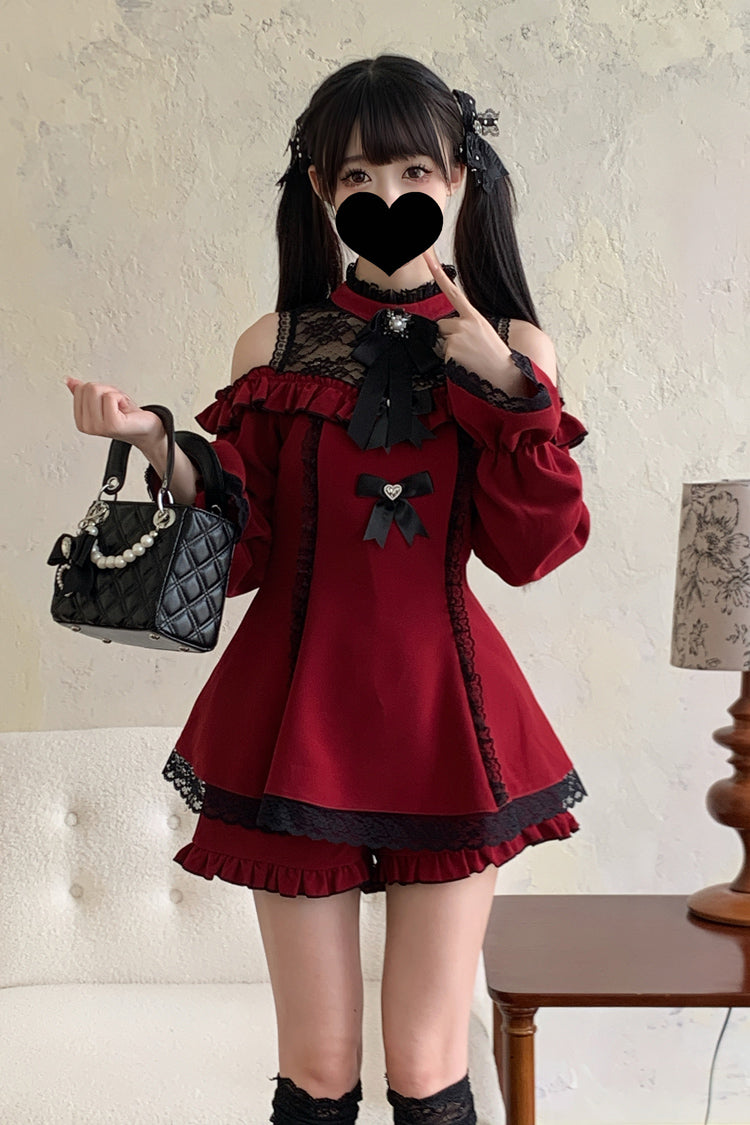 Halterneck Ruffle Bow Dress & Shorts - Jirai Kei Ensemble