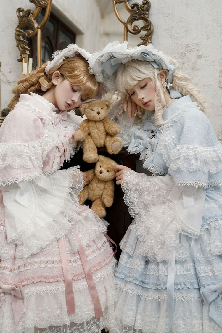 Blue Sleeveless Ruffled Bow Lace Sweet Lolita JSK - Reinas