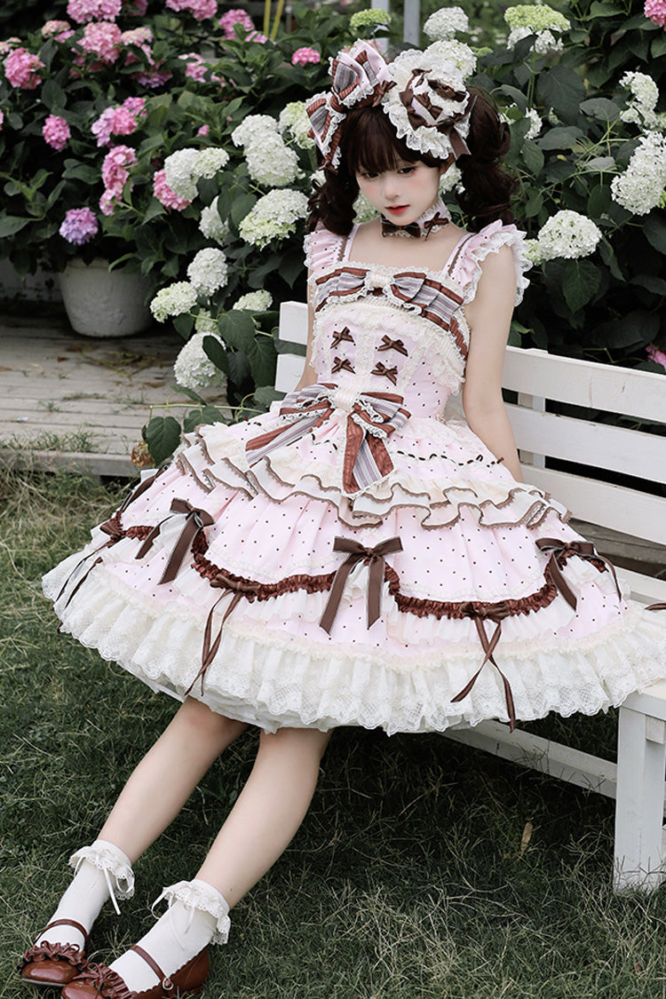Sleeveless Print Ruffle Bow Lace-Up Sweet Elegant Lolita Jumper Dress - Pink