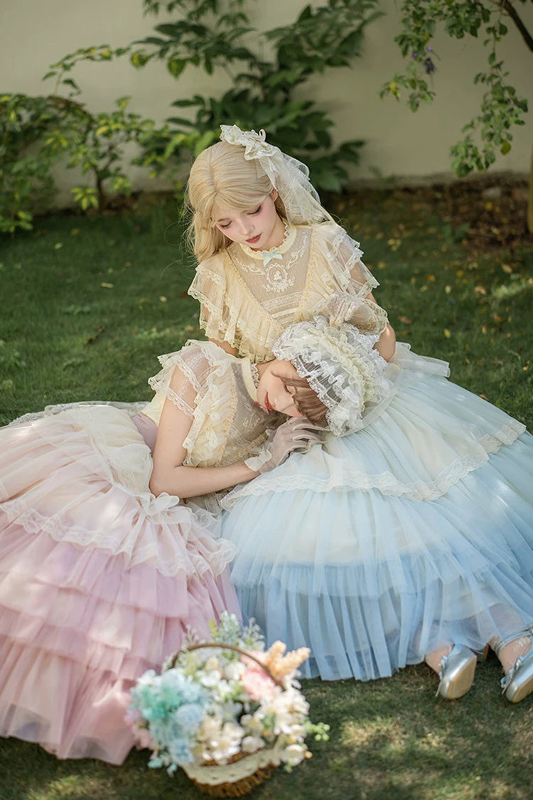 Sweet Lolita Dress with Edwardian Collar and Ombre Ruffles - Pink
