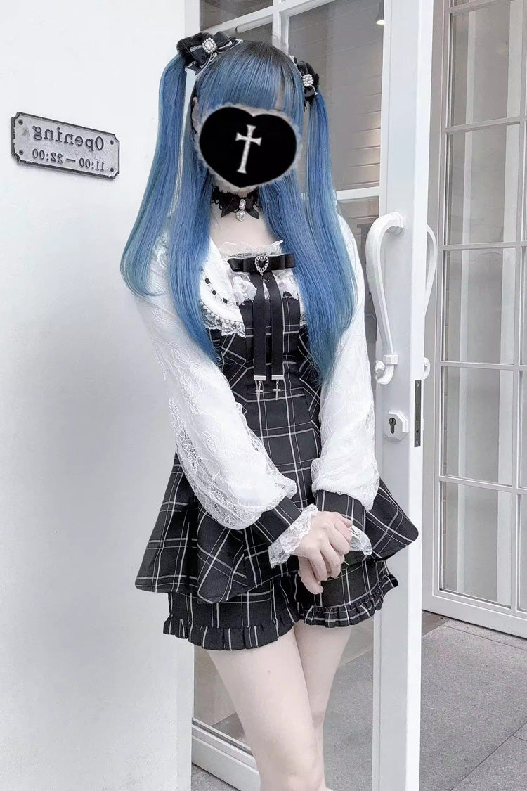 Gothic Square-Collar Print Bow Lace Pearl Jirai Kei Dress with Shorts