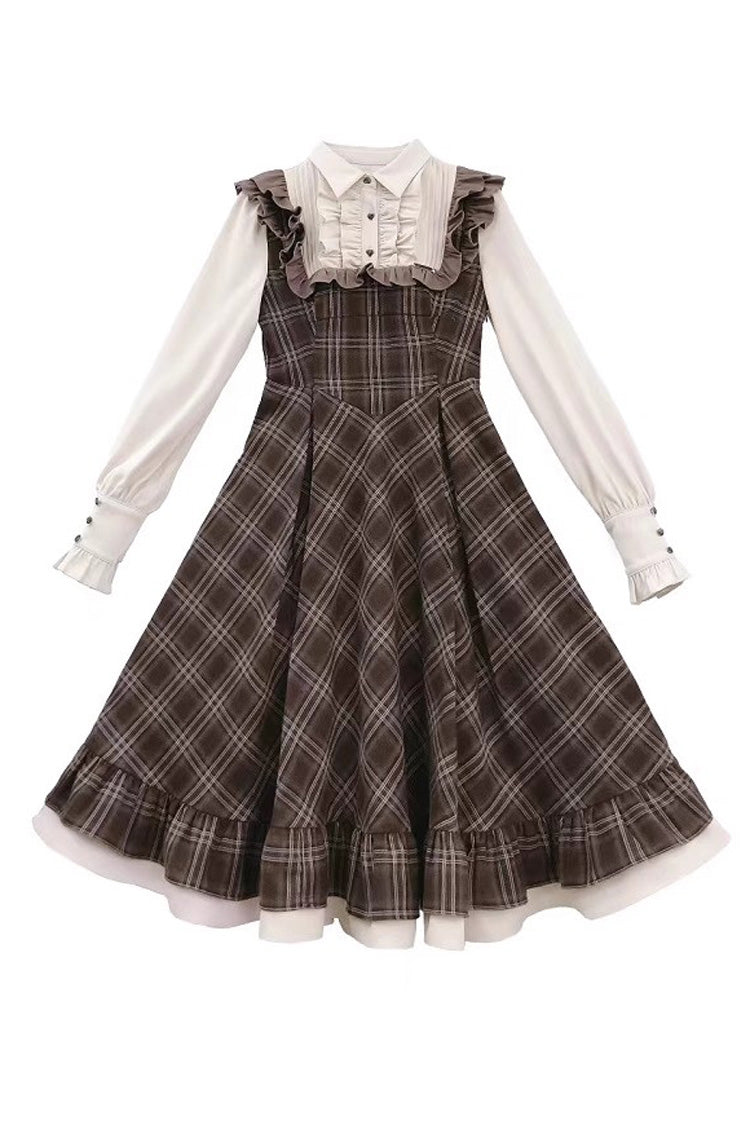 Brown Print Long Sleeve Fake Two Piece Vintage College Dress - The Thames at Dusk