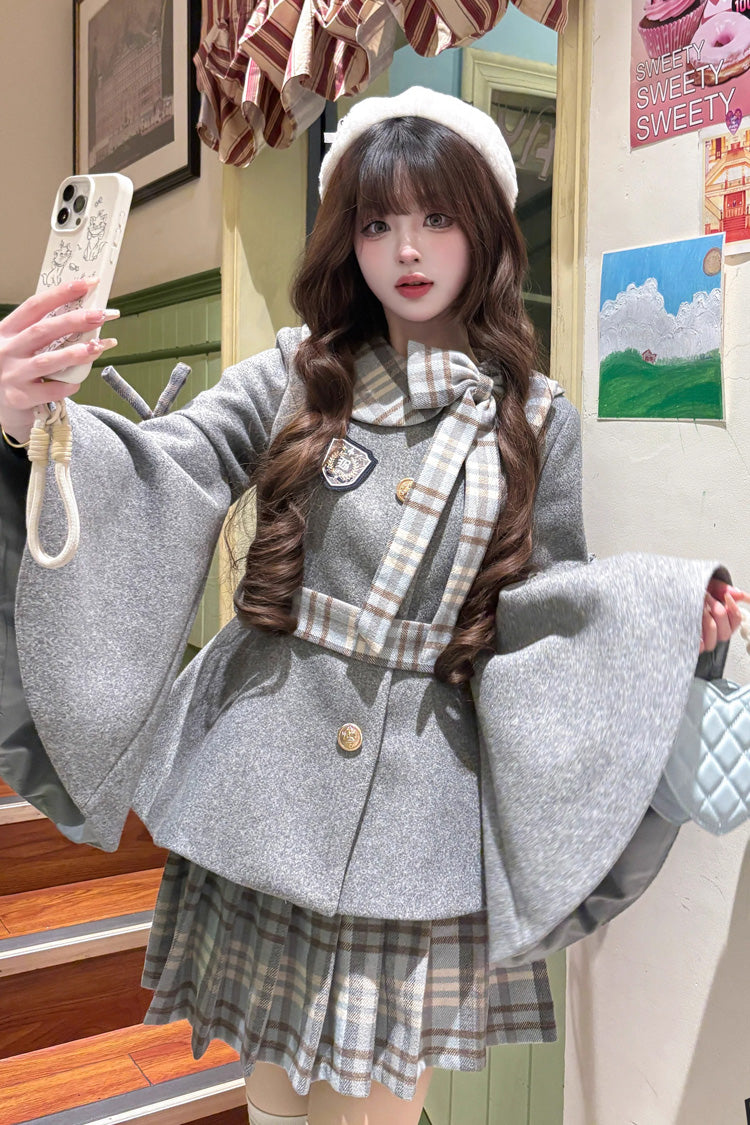 Chestnut Sea Salt Long Trumpet Sleeve Printed Bow Sweet Elegant Lolita Skirt Coat - Multi-Color