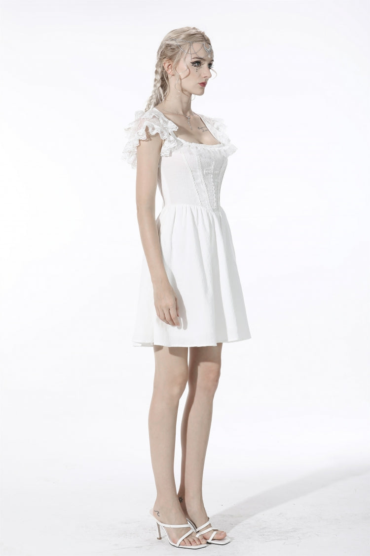 White Layered Lace Square Collar Strappy Gothic Mini Dress