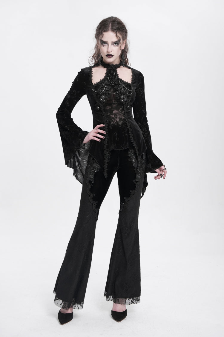 Graceful Black Jacquard Embroidered Trumpet Sleeve Halter Gothic Blouse