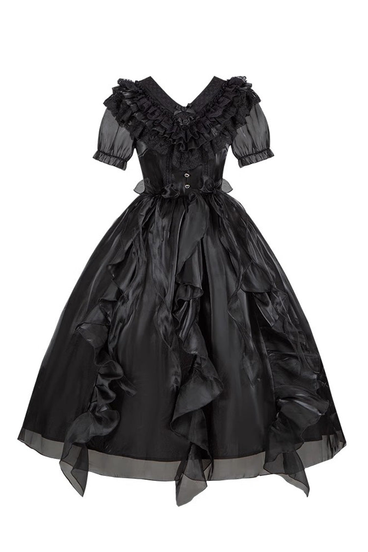 Lace-Trim Puff-Sleeve Gothic Lolita Dress