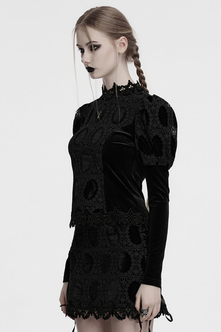 Jet-Black Gothic Blouse with Puffed Sleeves and Embroidered Print