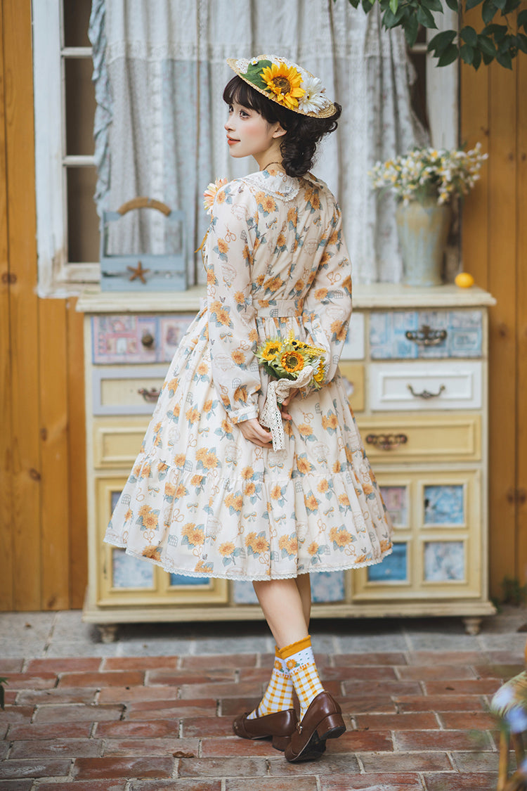 Apricot Sweet Elegant Lolita Dress with Long Sleeves Print Ruffles and Bowknot Accents