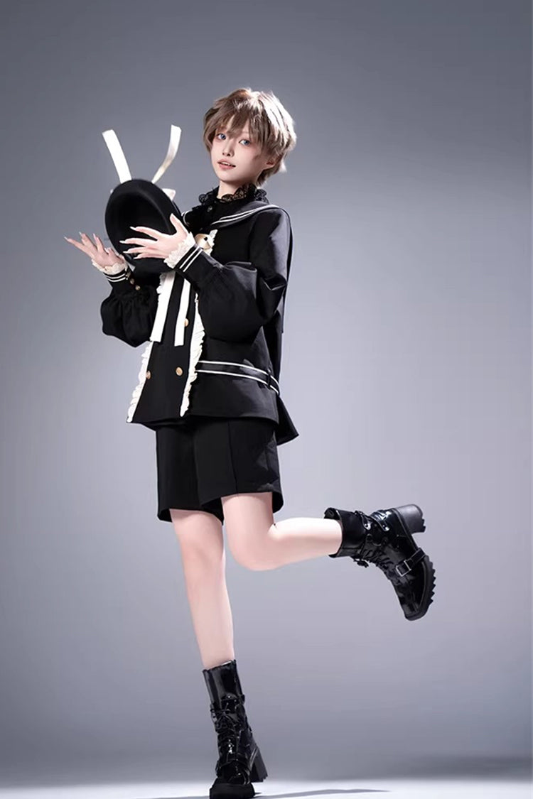 Navy-Collar Long-Sleeve Prince Ouji Short Coat Set in Black