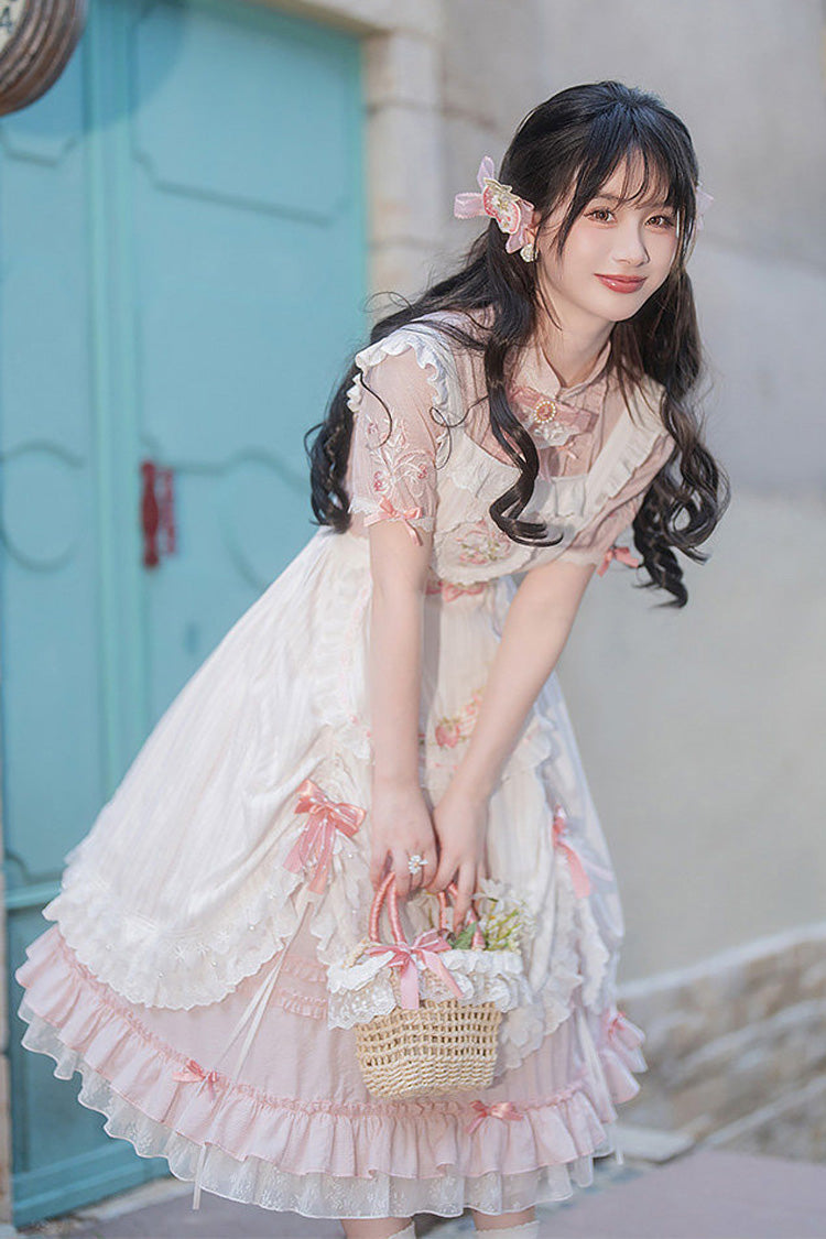 Blush Mandarin Collar Short Sleeve Ruffled Embroidered Lace Sweet Chinese Inspired Lolita Gown