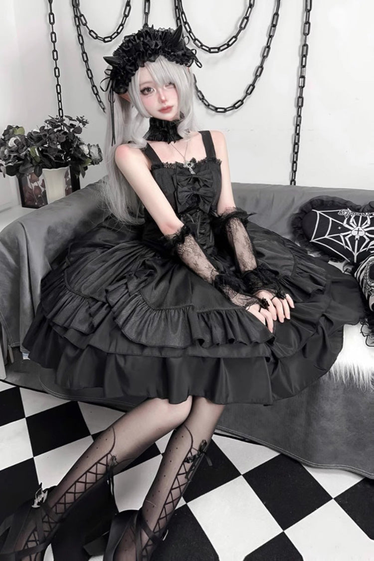 Triple-Layered Lace-Up Gothic Skirt Set in Black