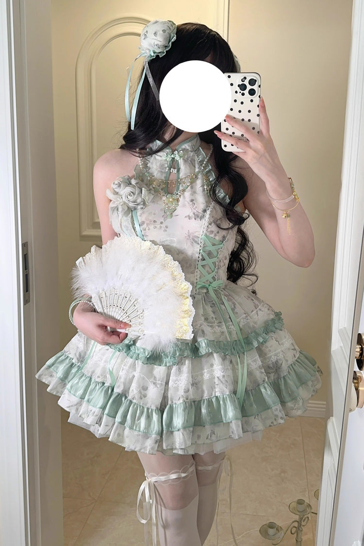 Rose Moon Bamboo Halter Multi-Tier Printed Frill Sweet Chinese Lolita Gown in Two Tones