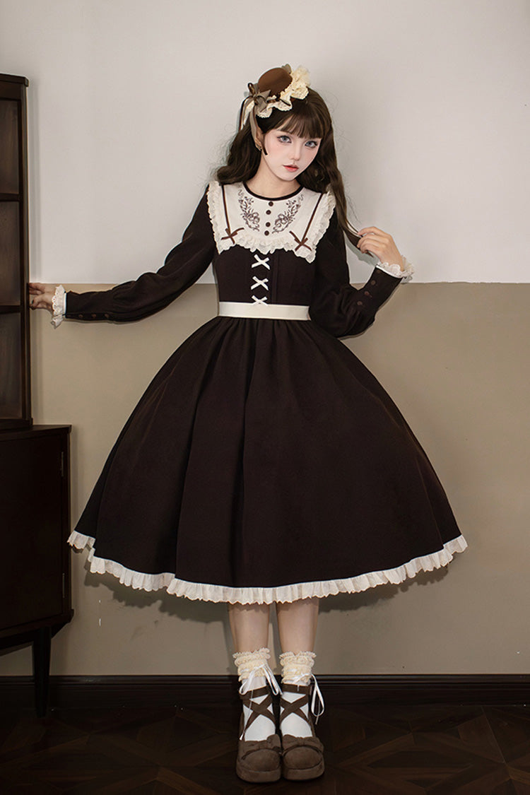 Brown Ruffled Bouquet Embroidered Sweet Lolita Dress - Miss Brown