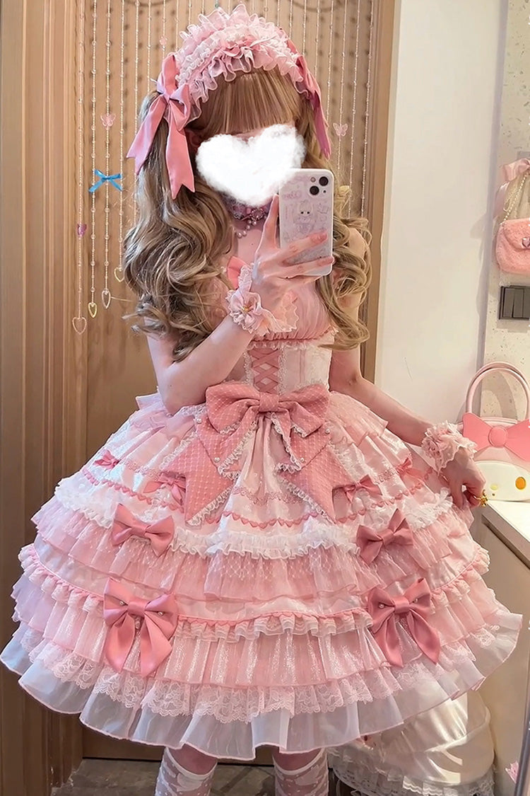 Pink Multi-Layered Ruffled Bow Lace Sweet Gorgeous JSK - Little Lovetine