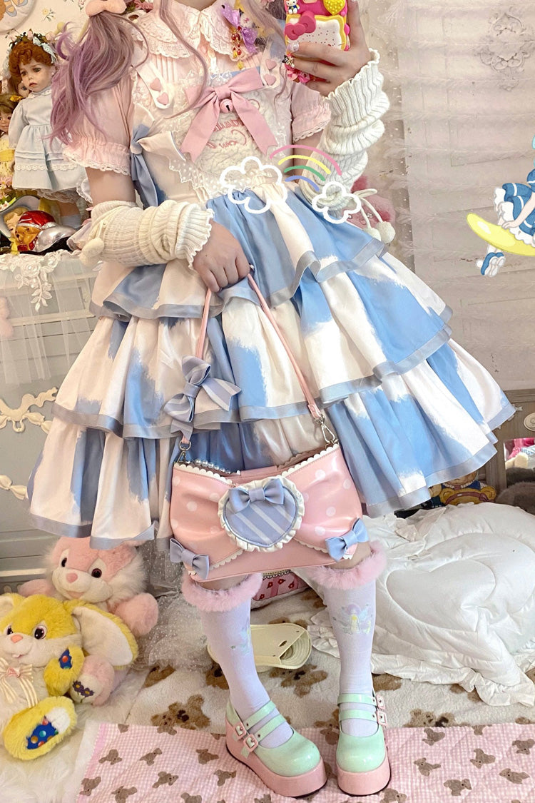 Azure Cow-Print Bowknot Sweet JSK with Triple Ruffles