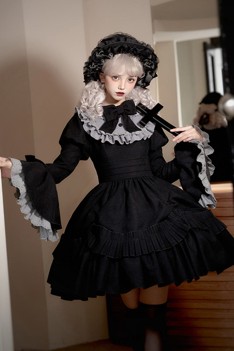 Long Hime-Sleeve Ruffled Bow Gothic Dress in Black