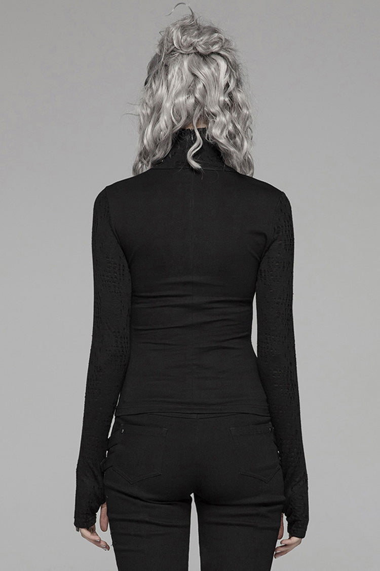 Jet-Black Knit Tee with Pleated Cutouts and Slit Hem for Women