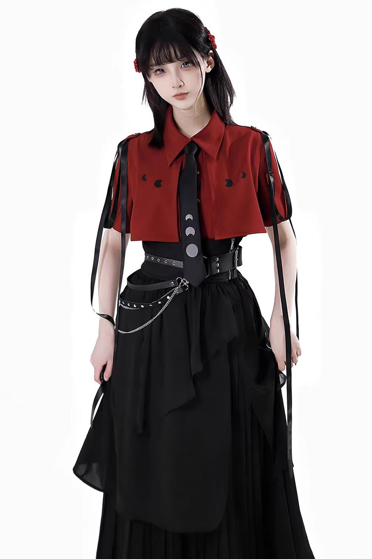 Moonlight Flowing Ruffled Asymmetric Gothic Jirai Kei Skirt Set - Red/Black